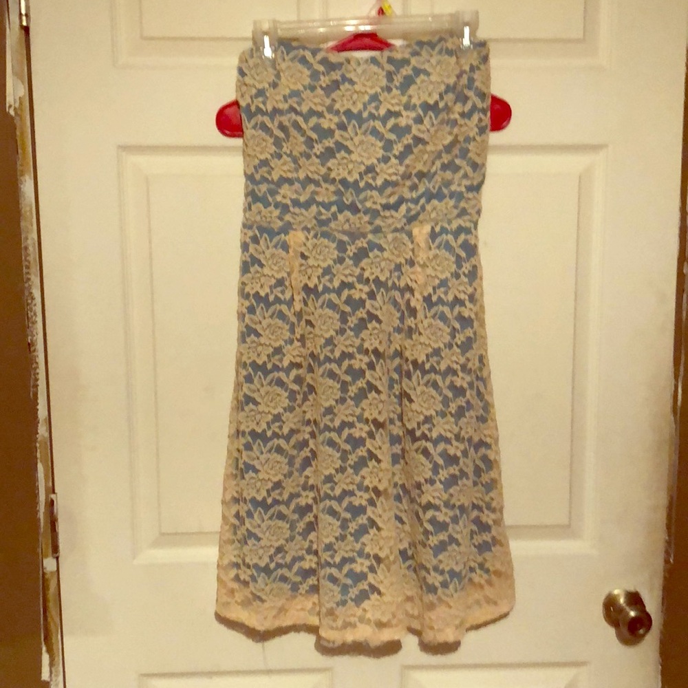 Blue dress with mesh over it. Strapless